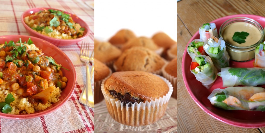 Butternut Squash & Chickpea Tajine, Vegan Orange Chocolate Muffins, Vietnamese Springrolls with Peanut Dip